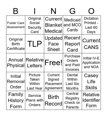 Foster Care File Bingo Card