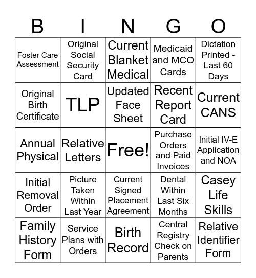 Foster Care File Bingo Card