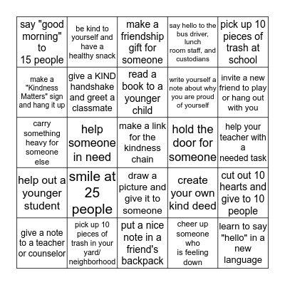 New Castle Great Kindness Challenge 2019 Bingo Card
