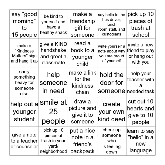 New Castle Great Kindness Challenge 2019 Bingo Card