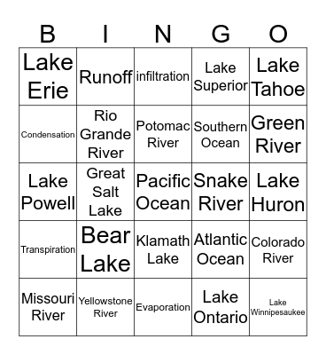 Lakes, Rivers, Oceans and the Water Cycle Bingo Card