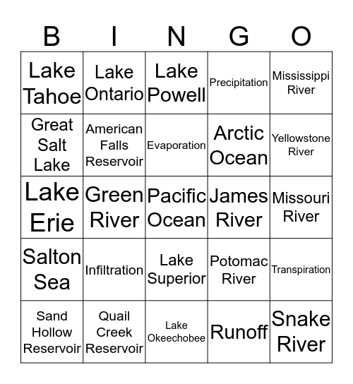 Lakes, Rivers, Oceans and the Water Cycle Bingo Card