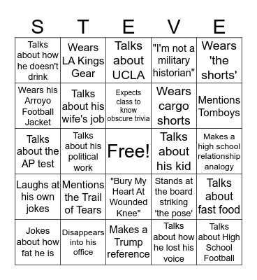Steamy Steve Singo Bingo Card
