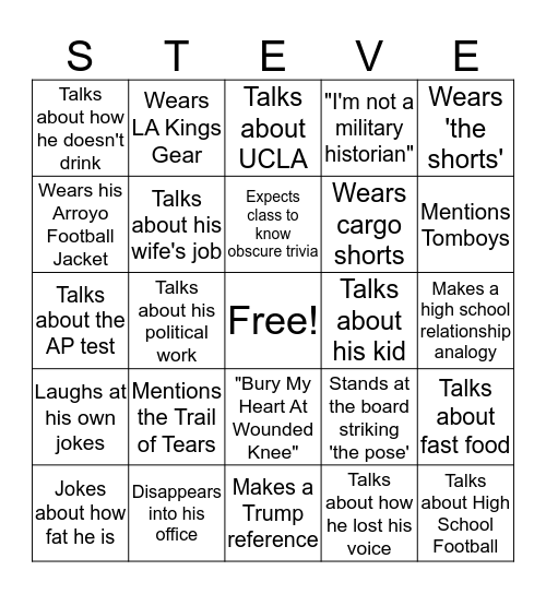Steamy Steve Singo Bingo Card