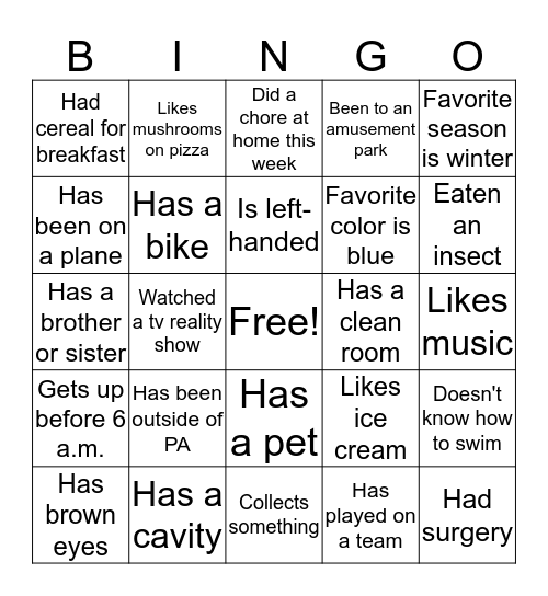 About Me Bingo Card