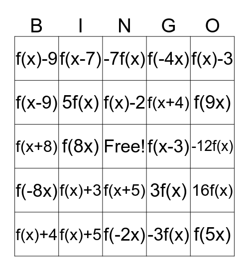 Linear Transformations Bingo Card