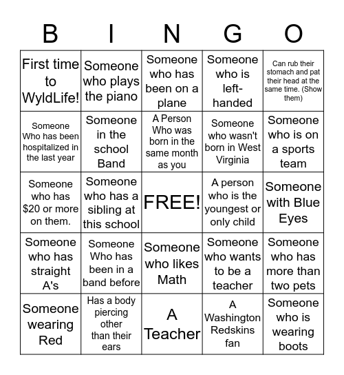 WyldLife! Bingo Card