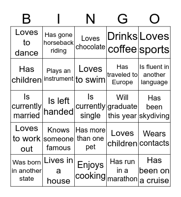 Getting To Know You Bingo Card