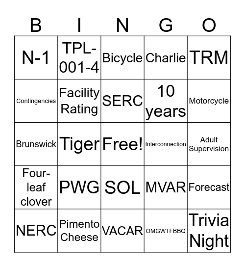 Transmission Planning Bingo Card