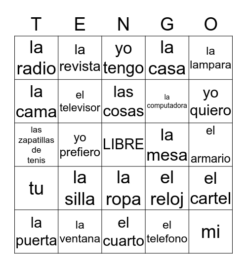 La Cosas en Mi Cuatro Bingo Card
