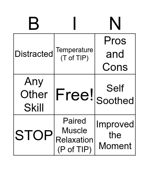 Distress Tolerance Bingo Card