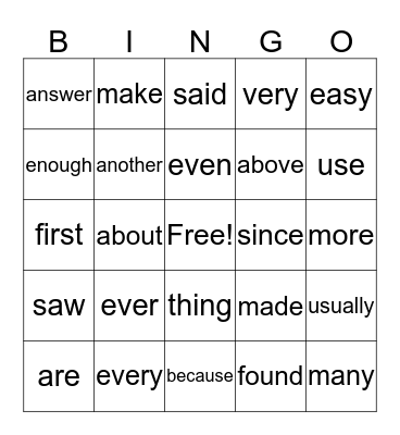 2nd grade - Sight Words Bingo Card