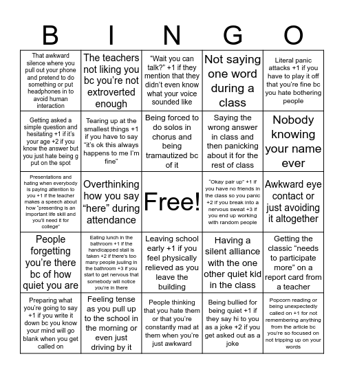 Social Anxiety in School Bingo Card
