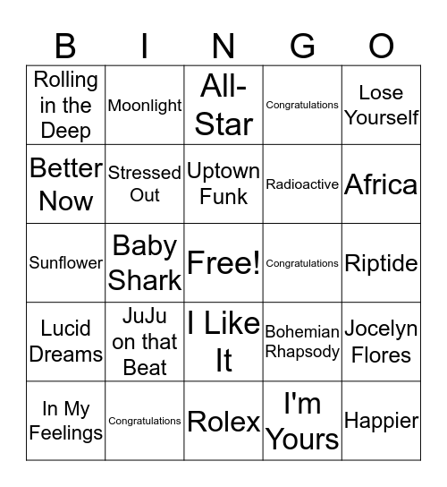 Song Bingo! Bingo Card