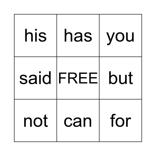 FRY words Bingo Card