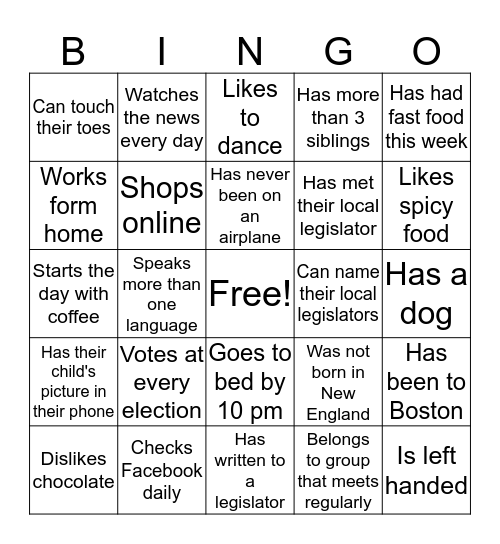 Get Acquainted Bingo Card