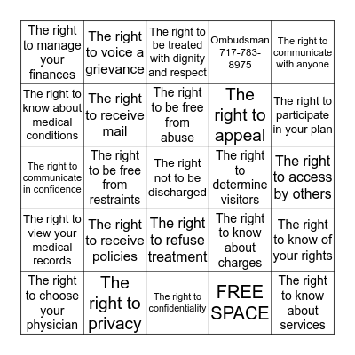 Resident Rights BINGO Card