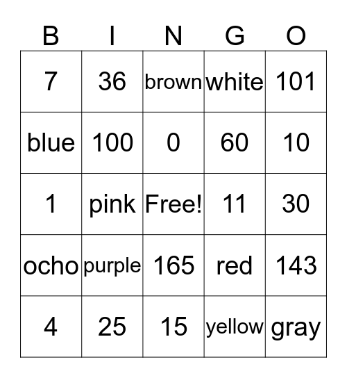 numeros y colores  Bingo Card