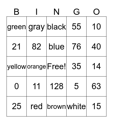 Numeros y Colores Bingo Card