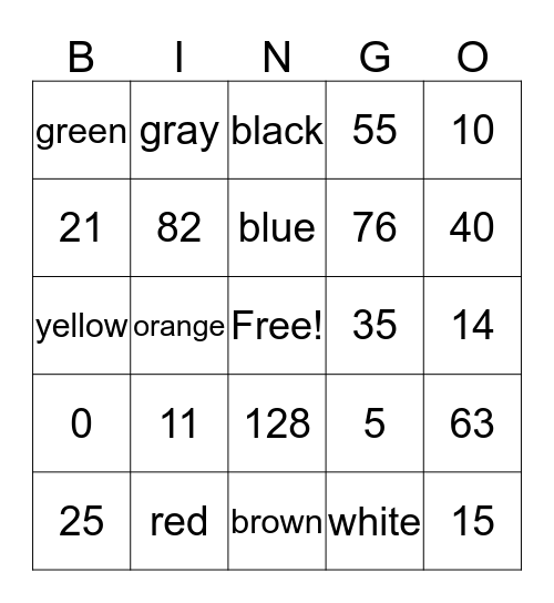 Numeros y Colores Bingo Card