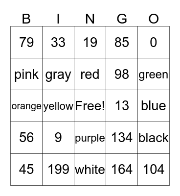 Numeros y colores Bingo Card