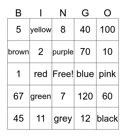 Numeros y colores Bingo Card