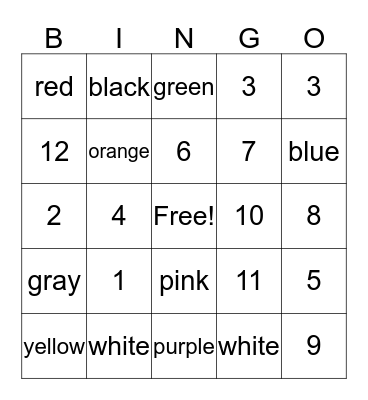 Numeros y colores Bingo Card