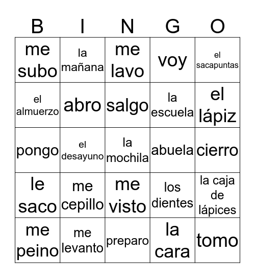 Spanish Review Bingo Card