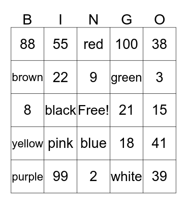 Numeros y Colores Bingo Card