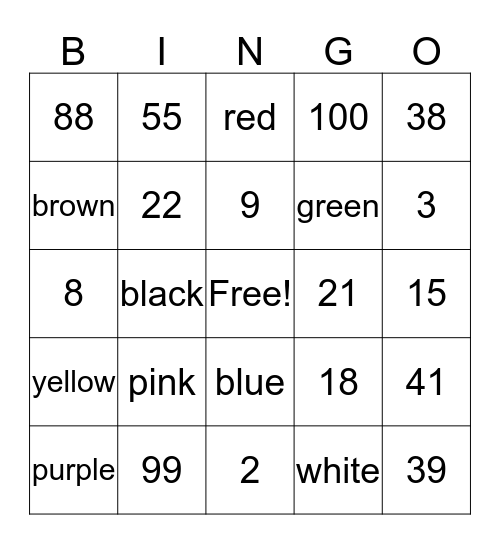 Numeros y Colores Bingo Card