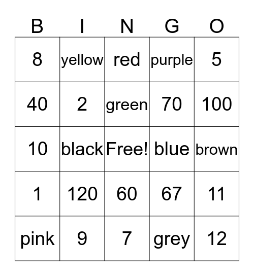 Numeros y colores Bingo Card