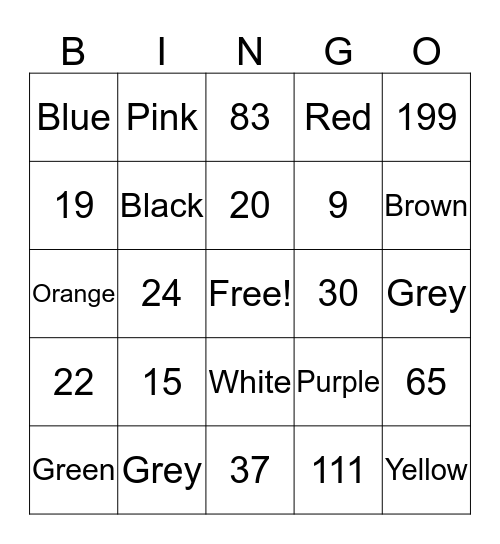 Numeros y Colores Bingo Card