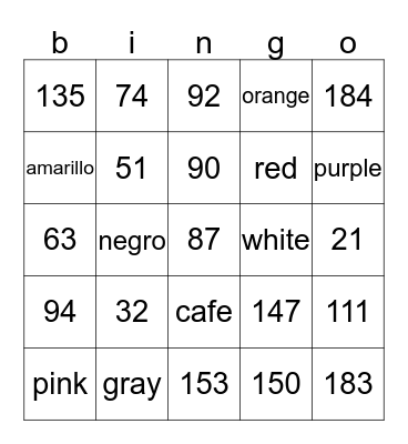 numeros y colores Bingo Card