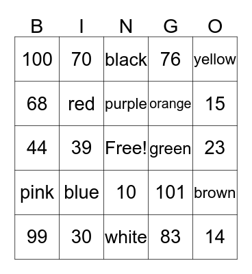 Numeros y colores  Bingo Card