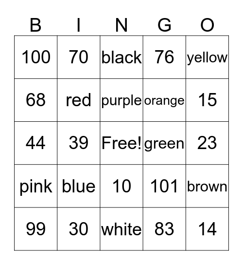 Numeros y colores  Bingo Card