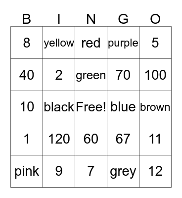 Numeros y colores Bingo Card