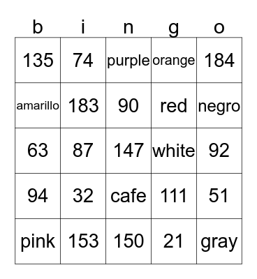 numeros y colores Bingo Card