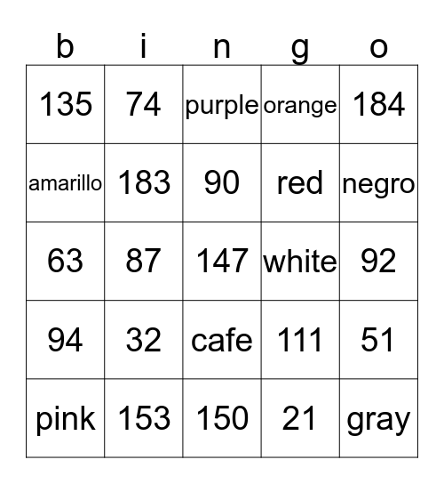 numeros y colores Bingo Card