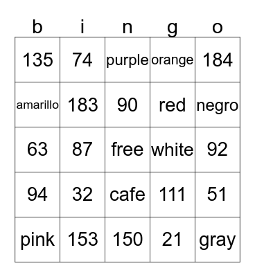 numeros y colores Bingo Card