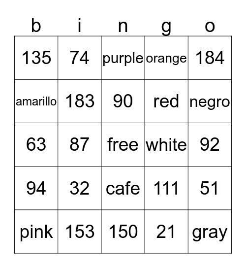 numeros y colores Bingo Card