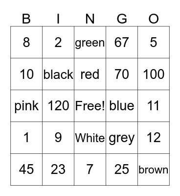 Numeros y colores Bingo Card