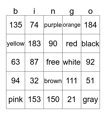 numeros y colores Bingo Card