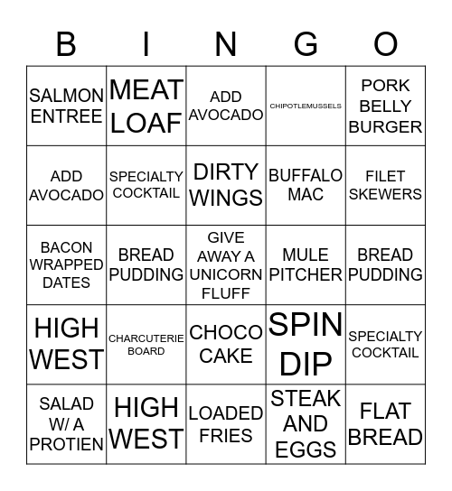 Dinner Bingo Card