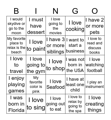 Getting to Know You! Bingo Card