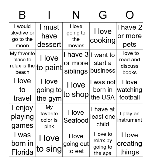 Getting to Know You! Bingo Card