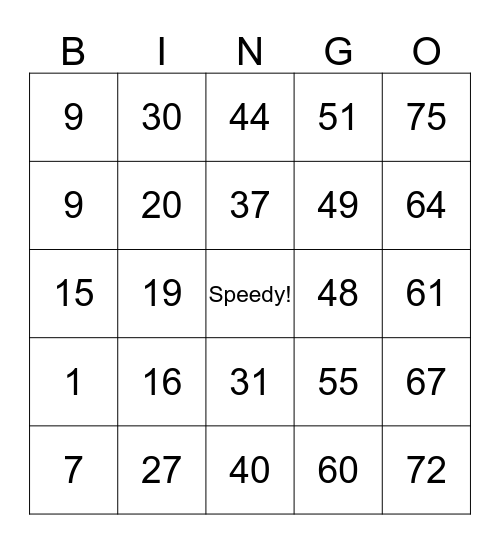 Speedy Spedball Bingo Card