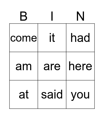 Sight Words Bingo Card