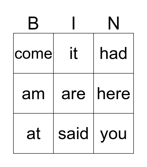 Sight Words Bingo Card