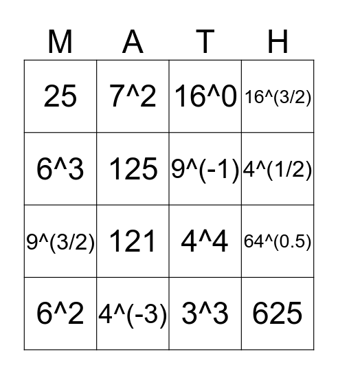 Exponential BINGO Card