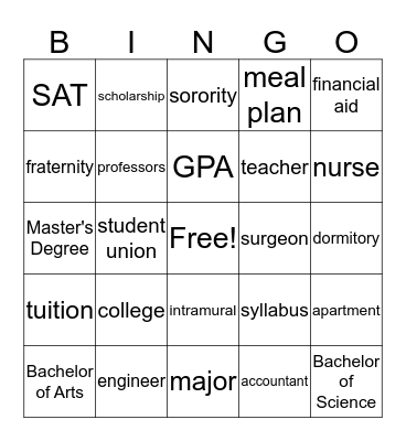 College and Career BINGO Card